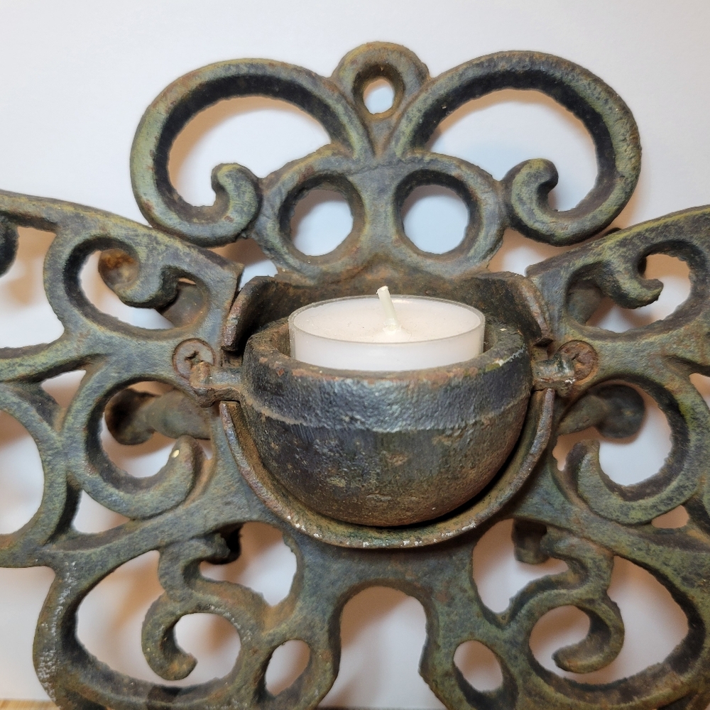 Cast Iron Garden Butterfly Candle Holder Wall Sconce Or Tabletop - Picture 12 of 14